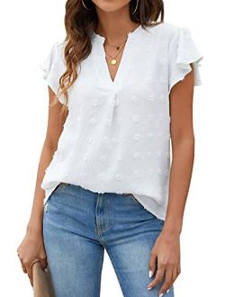 Womens White Blouse V Neck Ruffle Sleeve Flowy Shirts Dressy Casual Cute Summer Tops
