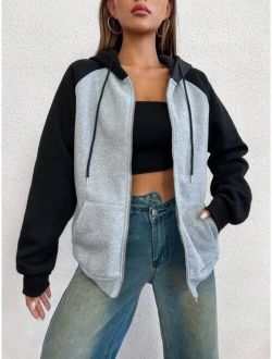 EZwear Colorblock Raglan Sleeve Drawstring Zipper Hoodie