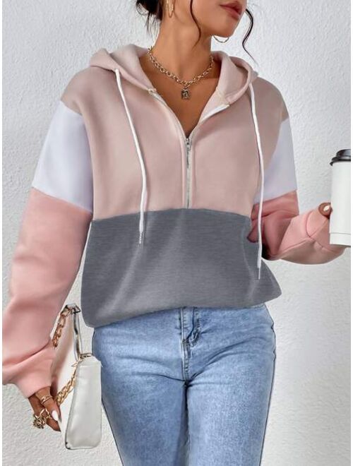 SHEIN Essnce Colorblock Half Zip Drawstring Thermal Lined Hoodie
