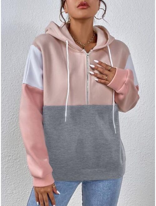 SHEIN Essnce Colorblock Half Zip Drawstring Thermal Lined Hoodie