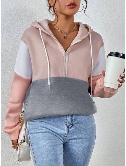 SHEIN Essnce Colorblock Half Zip Drawstring Thermal Lined Hoodie