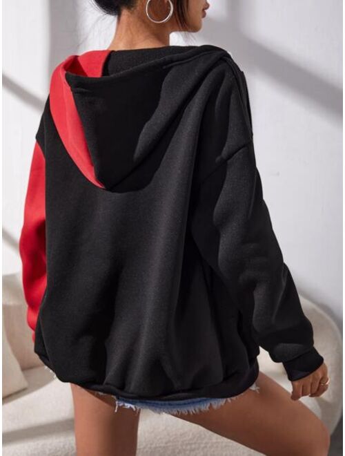 SHEIN EZwear Letter Graphic Color Block Drop Shoulder Thermal Drawstring Hoodie