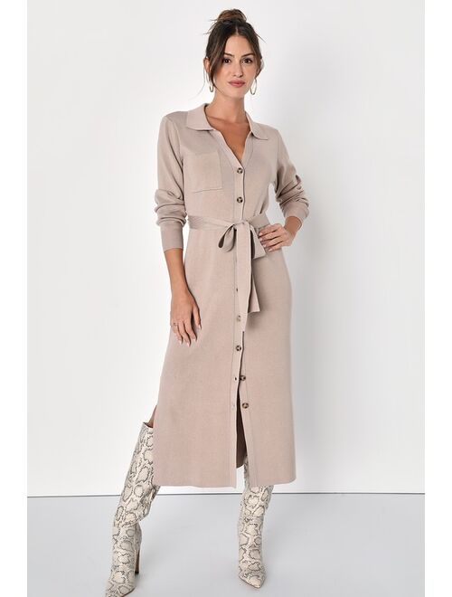 Lulus Charming Comfort Beige Collared Button-Up Sweater Dress