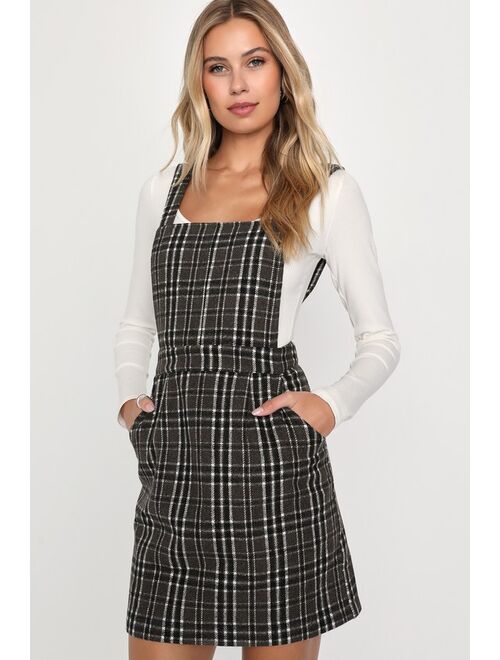 Lulus Plaid to be Yours Taupe Plaid Pinafore Mini Dress