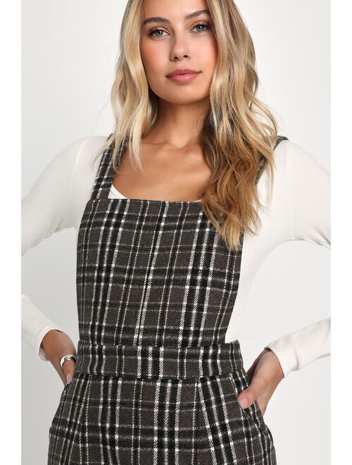 Lulus Plaid to be Yours Taupe Plaid Pinafore Mini Dress
