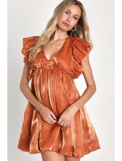 Sensational Shimmer Shiny Rust Orange Ruffled Babydoll Dress