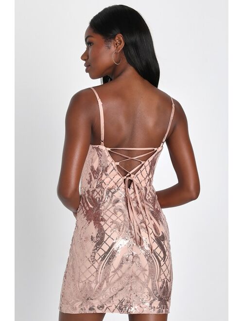 Lulus Sparkling Magic Rose Gold Sequin Lace-Up Homecoming Mini Dress