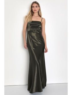 Endlessly Intriguing Olive Green Satin Maxi Dress