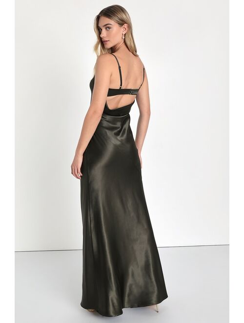 Lulus Endlessly Intriguing Olive Green Satin Maxi Dress