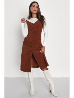 Certainly the Sweetest Brown Corduroy Button-Front Midi Dress