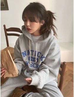 Letter Graphic Drop Shoulder Drawstring Hoodie Without Tee