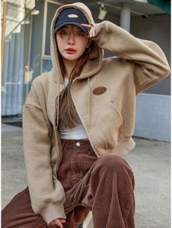Letter Embroidery Drop Shoulder Drawstring Thermal Hoodie