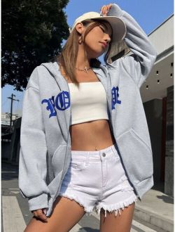 EZwear Letter Graphic Zip Up Drop Shoulder Thermal Lined Hoodie