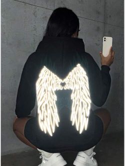 EZwear Reflective Wings Print Kangaroo Pocket Drop Shoulder Hoodie