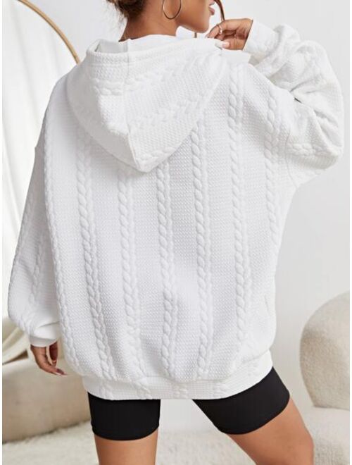 SHEIN EZwear Drop Shoulder Cable Knit Drawstring Hoodie