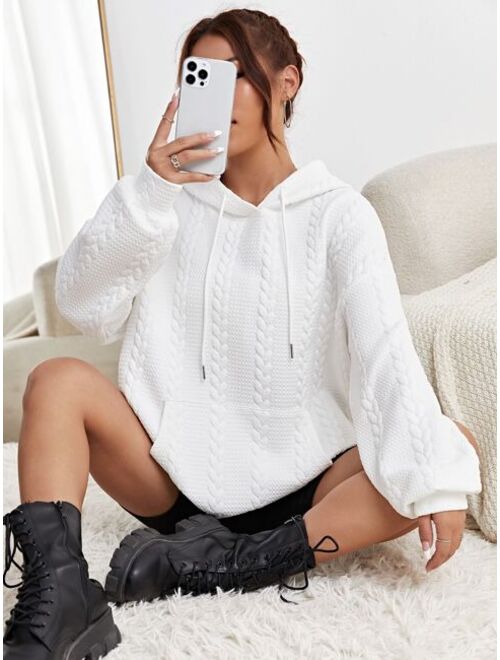 SHEIN EZwear Drop Shoulder Cable Knit Drawstring Hoodie