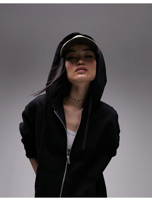 Topshop premium zip through hoodie in black