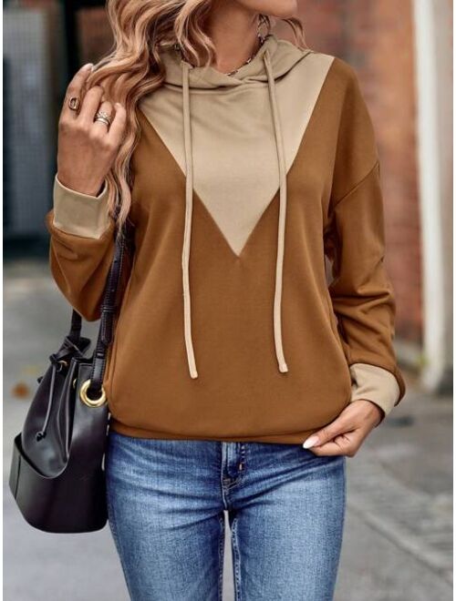 SHEIN Essnce Two Tone Drop Shoulder Drawstring Hoodie