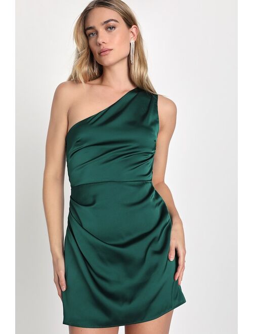 Lulus Love Me Tonight Emerald Green Satin One-Shoulder Homecoming Mini Dress