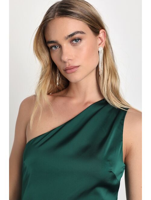 Lulus Love Me Tonight Emerald Green Satin One-Shoulder Homecoming Mini Dress