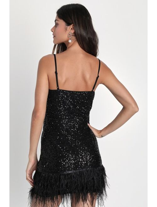 Lulus Flirtatious Future Black Sequin Feather Hem Homecoming Bodycon Mini Dress