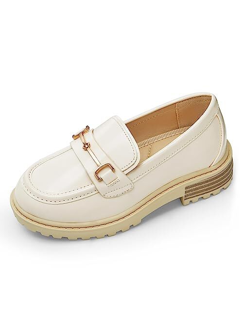 Coutgo Girl's Platform Loafers Slip On Chain Chunky Heel Leather Flats Round Toe School Uniform Dress Shoes