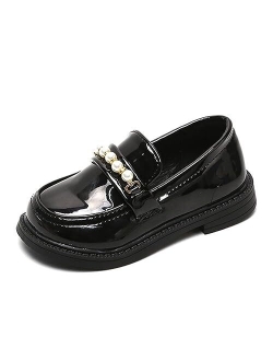 BININBOX Little Girls Patent Leather Oxford Slip-On Penny Loafer Rhinestones Pearls Flats Black White School Uniform Dress Shoes for Toddlers/Little Girls