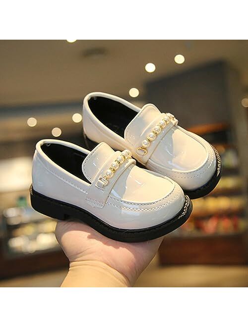 BININBOX Little Girls Patent Leather Oxford Slip-On Penny Loafer Rhinestones Pearls Flats Black White School Uniform Dress Shoes for Toddlers/Little Girls