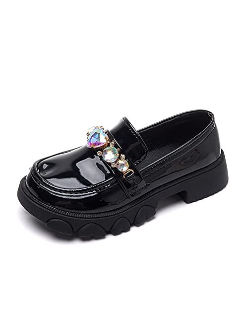 BININBOX Little Girls Patent Leather Slip-On Penny Loafer Rhinestones Flats Black White School Uniform Dress Shoes for Girls