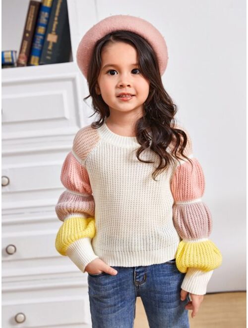 SHEIN Kids FANZEY Toddler Girls Colorblock Gathered Sleeve Sweater