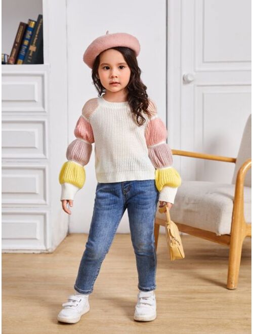 SHEIN Kids FANZEY Toddler Girls Colorblock Gathered Sleeve Sweater