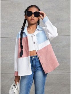 Tween Girls' Loose Fit Color Block Patchwork Shirt For Autumn And Winter