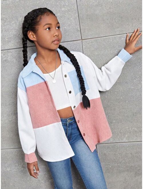 SHEIN Tween Girls' Loose Fit Color Block Patchwork Shirt For Autumn And Winter