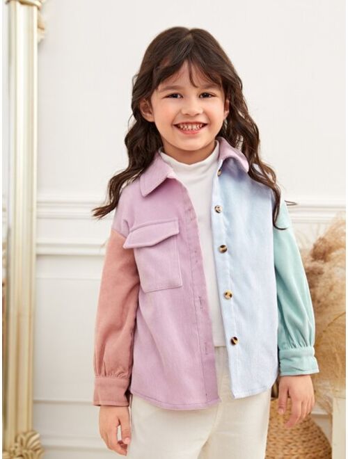 SHEIN Kids EVRYDAY Toddler Girls Color Block Flap Pocket Corduroy Shirt