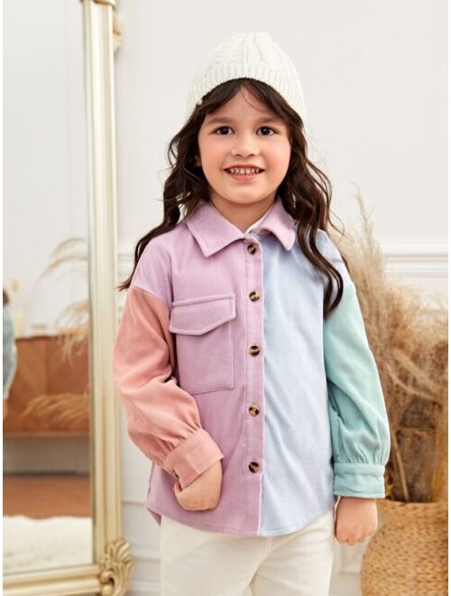 SHEIN Kids EVRYDAY Toddler Girls Color Block Flap Pocket Corduroy Shirt