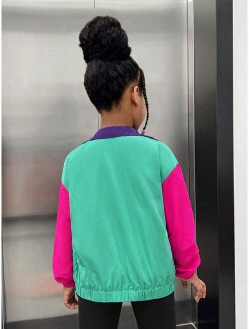 SHEIN Kids Cooltwn Tween Girl Colorblock Zip Up Jacket