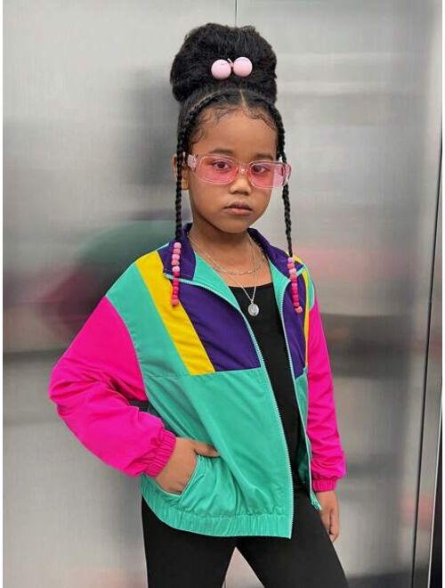 SHEIN Kids Cooltwn Tween Girl Colorblock Zip Up Jacket