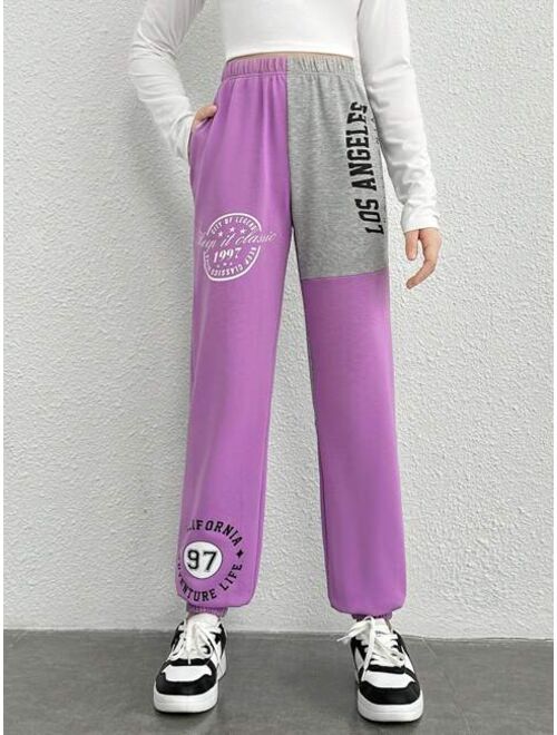 Shein Teen Girl Letter Graphic Colorblock Sweatpants