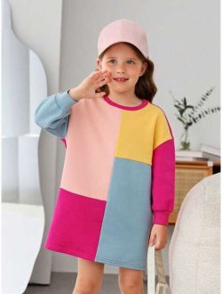 Young Girl Colorblock Drop Shoulder Sweatshirt Dress