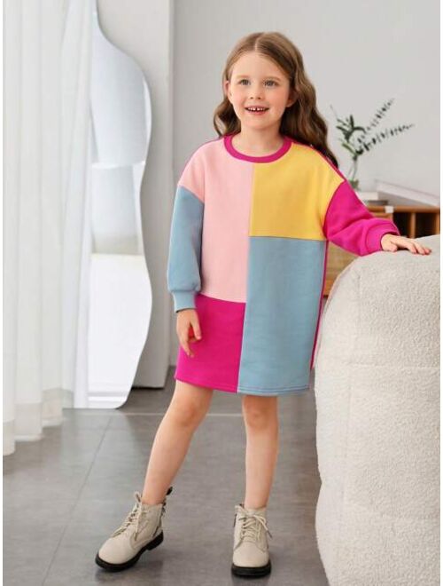 SHEIN Young Girl Colorblock Drop Shoulder Sweatshirt Dress