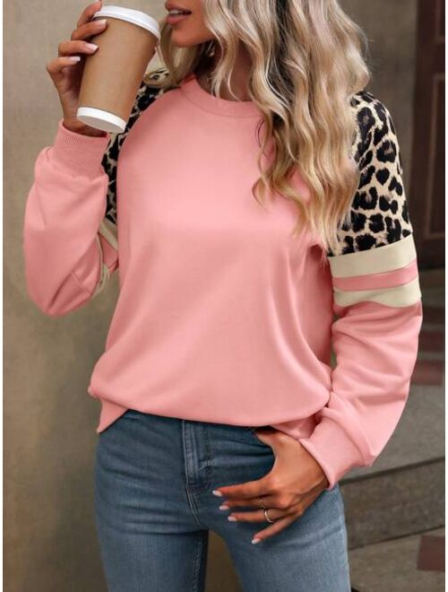 SHEIN LUNE Leopard Print Raglan Sleeve Sweatshirt