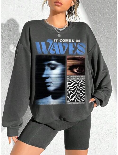 SHEIN Coolane Figure Slogan Graphic Drop Shoulder Oversized Sweatshirt