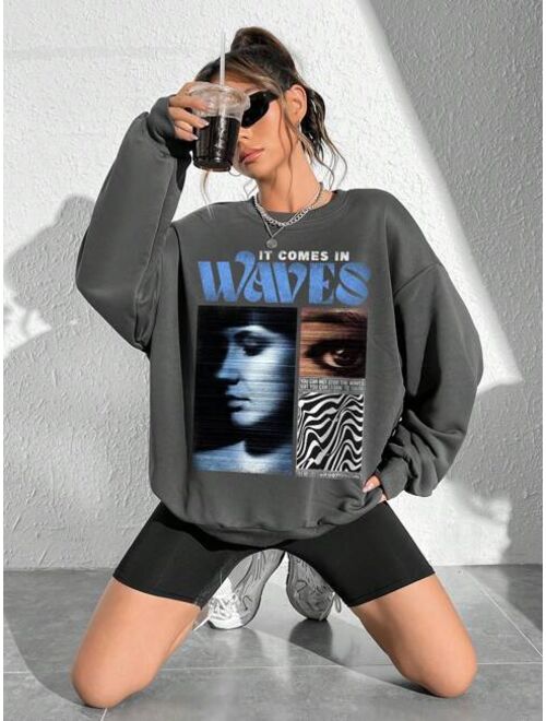 SHEIN Coolane Figure Slogan Graphic Drop Shoulder Oversized Sweatshirt