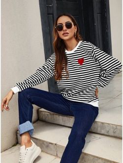 Frenchy Striped And Heart Patched Drop Shoulder Sweatshirt