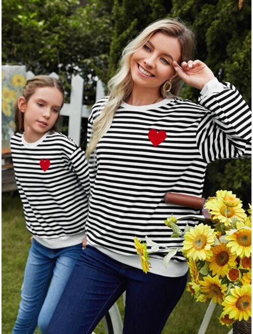 SHEIN Frenchy Striped And Heart Patched Drop Shoulder Sweatshirt