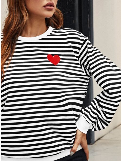 SHEIN Frenchy Striped And Heart Patched Drop Shoulder Sweatshirt