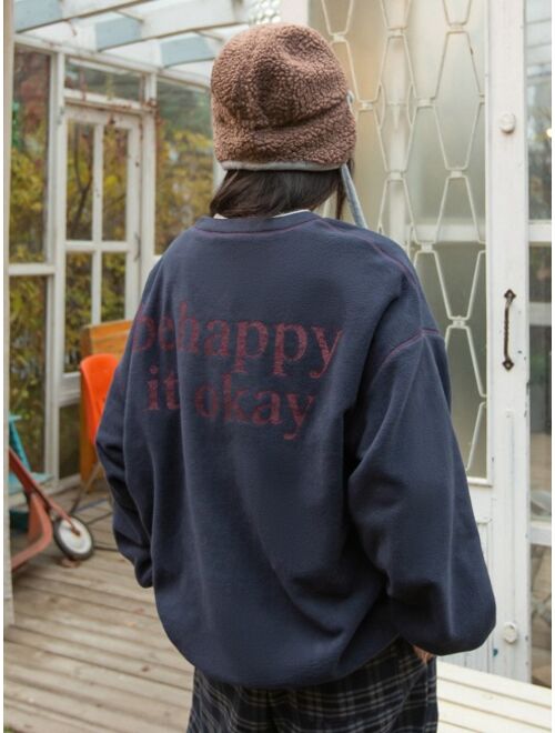 DAZY Letter Graphic Drop Shoulder Fleece Oversized Sweatshirt Without Tee
