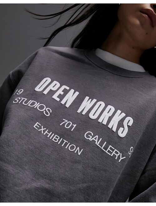 Topshop graphic open works vintage wash oversized sweatshirt in charcoal