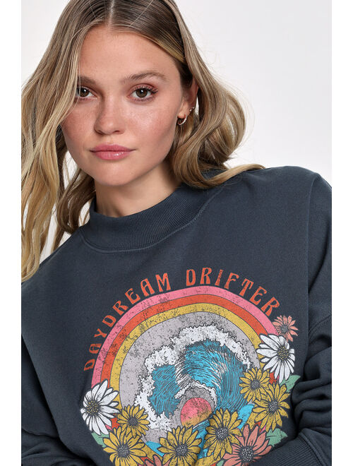 O'Neill Moment Slate Grey Cropped Graphic Pullover Sweatshirt