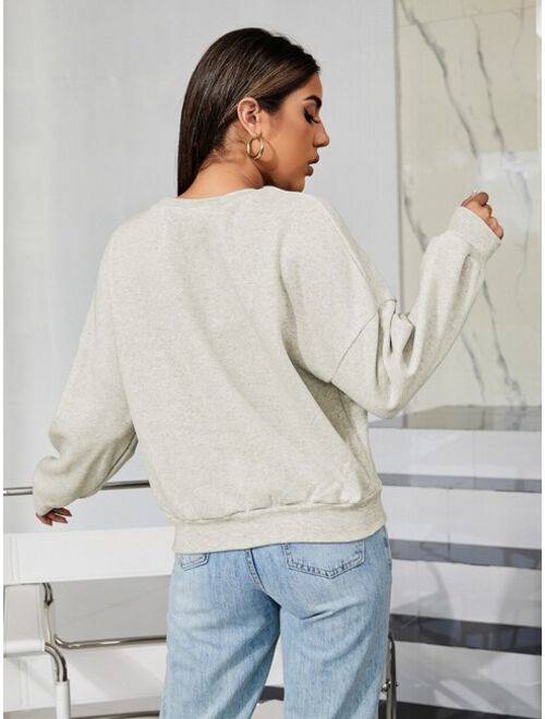 SHEIN EZwear Letter Embroidery Marled Knit Drop Shoulder Pullover